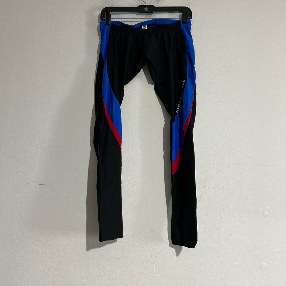 N2N Bodywear Black Blue Red Stripe Logo Tights Running Gym Activewear Large